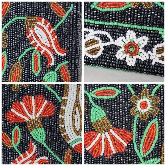 Vintage Handbag Glass Seed Beaded Floral Purse Black Red Flower Vietnamese - Picture 7 of 11